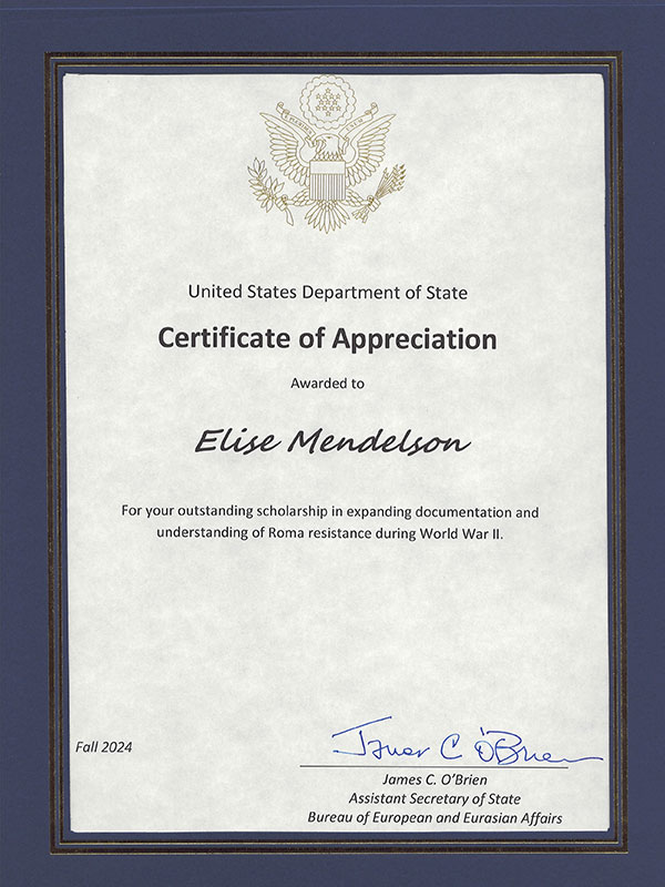 Elise Mendelsohn's certificate of appreciation.